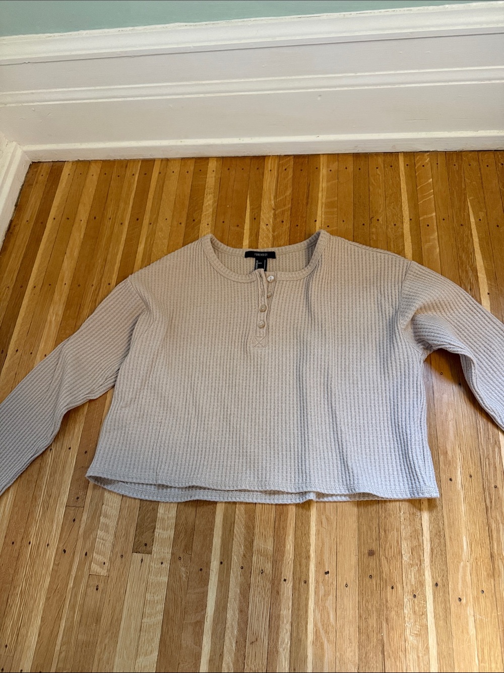 Waffle Knit Cropped Henley Top - Beige